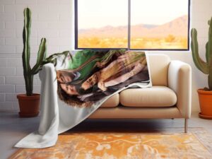 Family Photo Collage Personalized Memorial Blanket - BLANA1, laying over the back and seat of a plush beige sofa. Image by Terlis Designs.