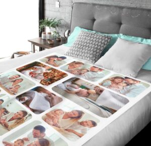 Personalized Baptism Photo Collage Blanket - BLANAE1, laid over a queen sized bed to show the plush blanket in use.