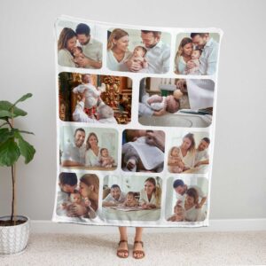 Personalized Baptism Photo Collage Blanket - BLANAE1, showing a lady standing upright, holding the blanket above her head to show the full design.