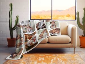 Personalized Baptism Photo Collage Blanket - BLANAE1, laying over the back and seat of a plush beige sofa. Image by Terlis Designs.