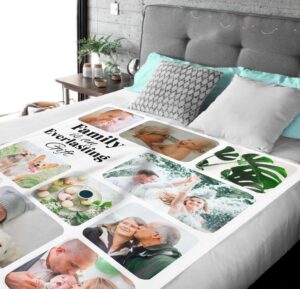 Personalized Blanket Family Photo Collage - BLANAEM1, laid over a queen sized bed to show the plush blanket in use.