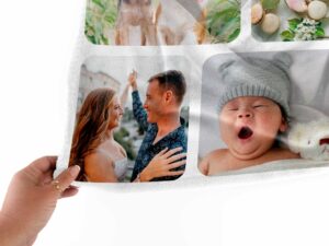 Personalized Blanket Family Photo Collage - BLANAEM1, closeup view of the blanket held between the thumbs and fingers.