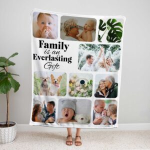 Personalized Blanket Family Photo Collage - BLANAEM1, showing a lady standing upright, holding the blanket above her head to show the full design.