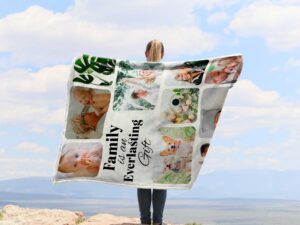 Personalized Blanket Family Photo Collage - BLANAEM1, showing a lady camping outdoors wearing the plush blanket over her shoulders.