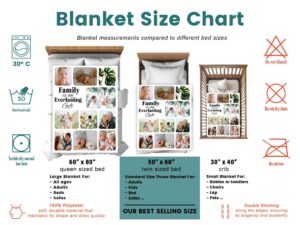 Personalized Blanket Family Photo Collage - BLANAEM1, size chart of each blanket placed in a crib, single bed, twin bed, and queen sized bed.