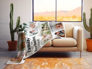 Personalized Blanket Family Photo Collage - BLANAEM1, laying over the back and seat of a plush beige sofa. Image by Terlis Designs.