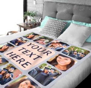 Personalized Graduation Photo Collage Blanket - BLANAM1, laid over a queen sized bed to show the plush blanket in use.