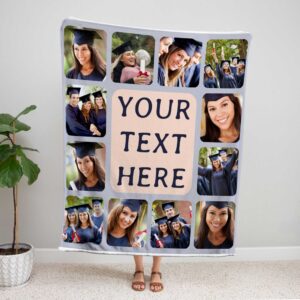 Personalized Graduation Photo Collage Blanket - BLANAM1, showing a lady standing upright, holding the blanket above her head to show the full design.