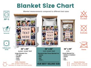 Personalized Graduation Photo Collage Blanket - BLANAM1, size chart of each blanket placed in a crib, single bed, twin bed, and queen sized bed.