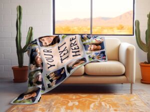 Personalized Graduation Photo Collage Blanket - BLANAM1, laying over the back and seat of a plush beige sofa. Image by Terlis Designs.