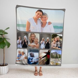 Personalized Memorial Throw Blanket - BLANP2, showing a lady standing upright, holding the blanket above her head to show the full design.