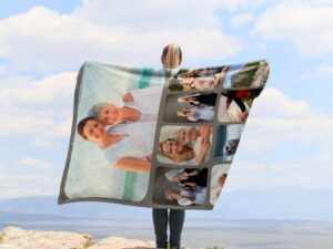 Personalized Memorial Throw Blanket - BLANP2, showing a lady camping outdoors wearing the plush blanket over her shoulders.