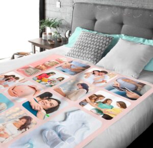 Personalized Newborn Photo Collage Blanket - BLANAN1, laid over a queen sized bed to show the plush blanket in use.