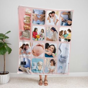 Personalized Newborn Photo Collage Blanket - BLANAN1, showing a lady standing upright, holding the blanket above her head to show the full design.