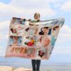 Personalized Newborn Photo Collage Blanket - BLANAN1, showing a lady camping outdoors wearing the plush blanket over her shoulders.
