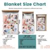 Personalized Newborn Photo Collage Blanket - BLANAN1, size chart of each blanket placed in a crib, single bed, twin bed, and queen sized bed.