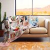 Personalized Newborn Photo Collage Blanket - BLANAN1, laying over the back and seat of a plush beige sofa. Image by Terlis Designs.