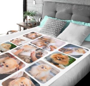 Personalized Pet Picture Throw Blanket - BLANAK2, laid over a queen sized bed to show the plush blanket in use.
