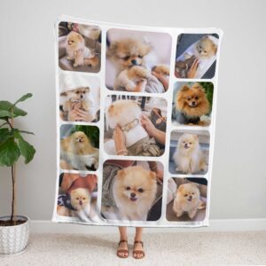 Personalized Pet Picture Throw Blanket - BLANAK2, showing a lady standing upright, holding the blanket above her head to show the full design.