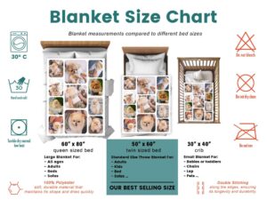 Personalized Pet Picture Throw Blanket - BLANAK2, size chart of each blanket placed in a crib, single bed, twin bed, and queen sized bed.