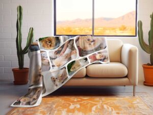 Personalized Pet Picture Throw Blanket - BLANAK2, laying over the back and seat of a plush beige sofa. Image by Terlis Designs.