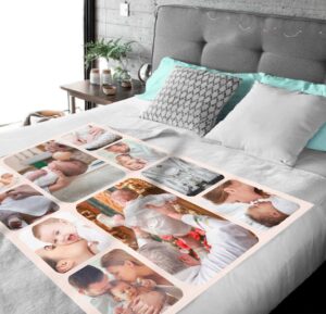 Personalized Photo Collage Blanket - BLANAF2, laid over a queen sized bed to show the plush blanket in use.