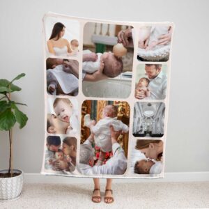 Personalized Photo Collage Blanket - BLANAF2, showing a lady standing upright, holding the blanket above her head to show the full design.
