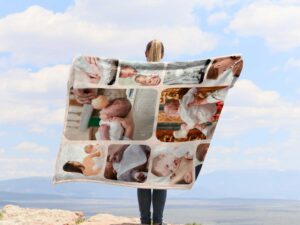 Personalized Photo Collage Blanket - BLANAF2, showing a lady camping outdoors wearing the plush blanket over her shoulders.