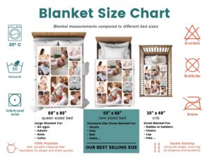 Personalized Photo Collage Blanket - BLANAF2, size chart of each blanket placed in a crib, single bed, twin bed, and queen sized bed.