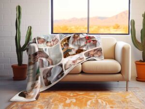 Personalized Photo Collage Blanket - BLANAF2, laying over the back and seat of a plush beige sofa. Image by Terlis Designs.