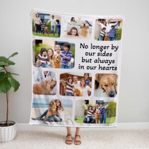 Pet Loss Photo Collage Memorial Blanket - BLANAB1, showing a lady standing upright, holding the blanket above her head to show the full design.