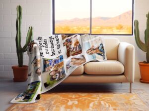 Pet Loss Photo Collage Memorial Blanket - BLANAB1, laying over the back and seat of a plush beige sofa. Image by Terlis Designs.