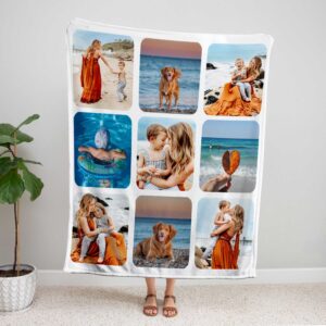 Photo Collage Picture throw blanket - BLANV1, showing a lady standing upright, holding the blanket above her head to show the full design.