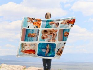 Photo Collage Picture throw blanket - BLANV1, showing a lady camping outdoors wearing the plush blanket over her shoulders.