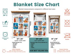 Photo Collage Picture throw blanket - BLANV1, size chart of each blanket placed in a crib, single bed, twin bed, and queen sized bed.