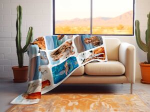 Photo Collage Picture throw blanket - BLANV1, laying over the back and seat of a plush beige sofa. Image by Terlis Designs.
