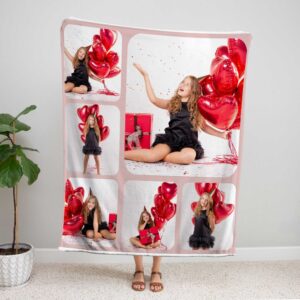 Sweet 16 Custom Photo Collage Birthday Blanket - BLANS1, showing a lady standing upright, holding the blanket above her head to show the full design.